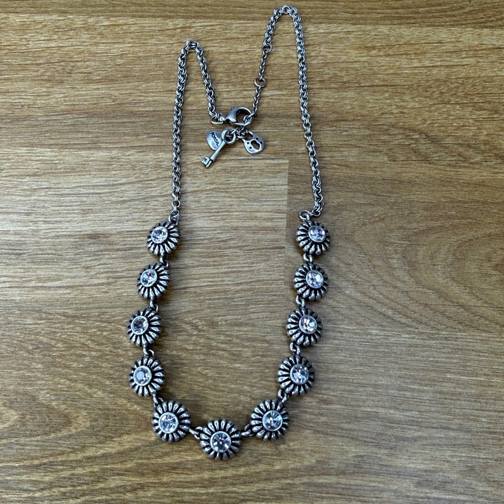 Fossil Flower Link Crystal Rhinestone Silver Tone Adjustable Statement Nexlace